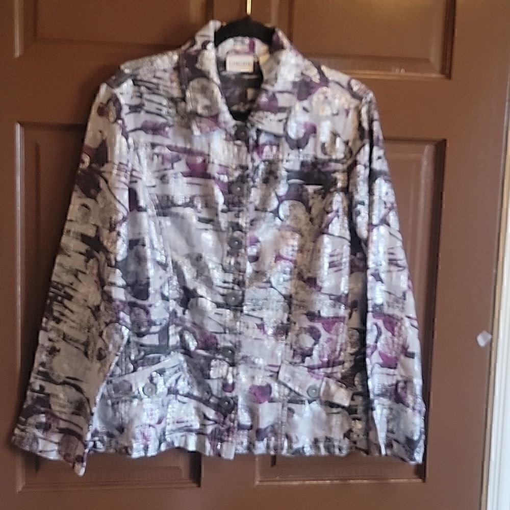 Chico's-Linen purple, silver, blk collared, button down front jkt. Size 2= M 12